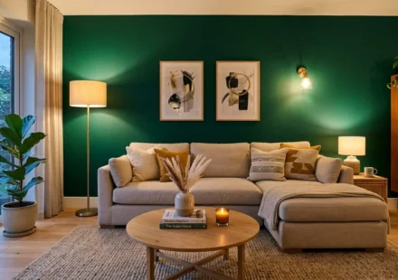 Living room with a bold green accent wall as one of several accent wall ideas