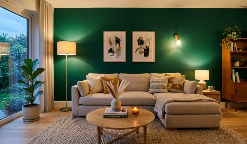Living room with a bold green accent wall as one of several accent wall ideas