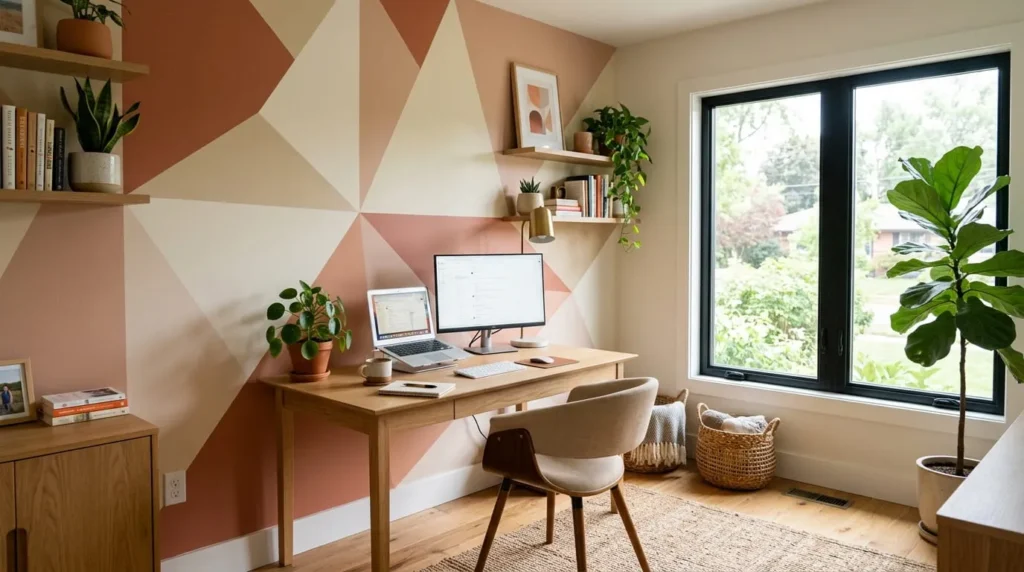 Home office with a geometric color-blocked accent wall as one of several accent wall ideas