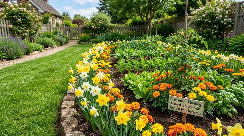 Garden bed with daffodils and marigolds used to deter chipmunks near holes