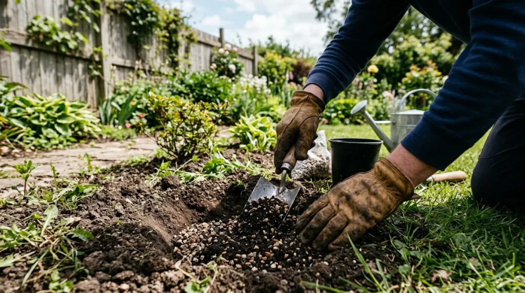 Gloved hands packing soil and gravel into a chipmunk hole to seal it