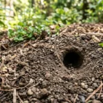 Small round chipmunk hole surrounded by loose soil in a yard