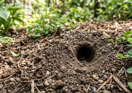Small round chipmunk hole surrounded by loose soil in a yard