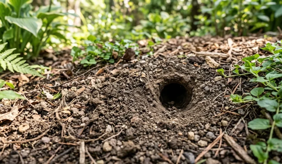 How to Get Rid of Chipmunk Holes in Your Yard for Good Small round chipmunk hole surrounded by loose soil in a yard