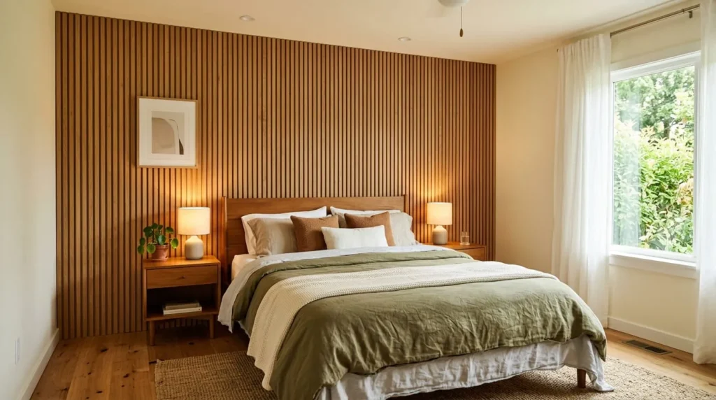 Bedroom featuring wood slat paneling as one of several accent wall ideas