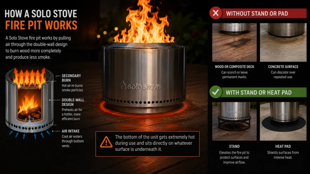 A Solo Stove fire pit burning on a wooden deck with an infographic showing its double-wall airflow system, warning that the base becomes extremely hot and comparing surface damage without a stand or heat-resistant pad versus safe use with proper protection.