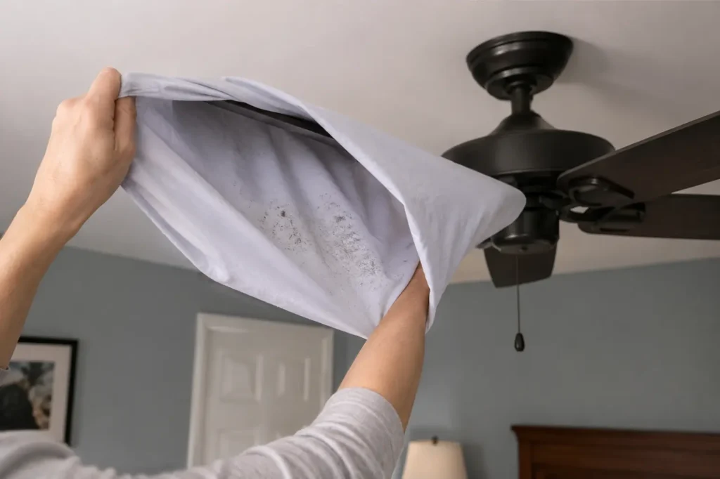 Person cleaning a ceiling fan blade with a white pillowcase to trap dust inside while preventing it from falling onto the bedroom furniture.