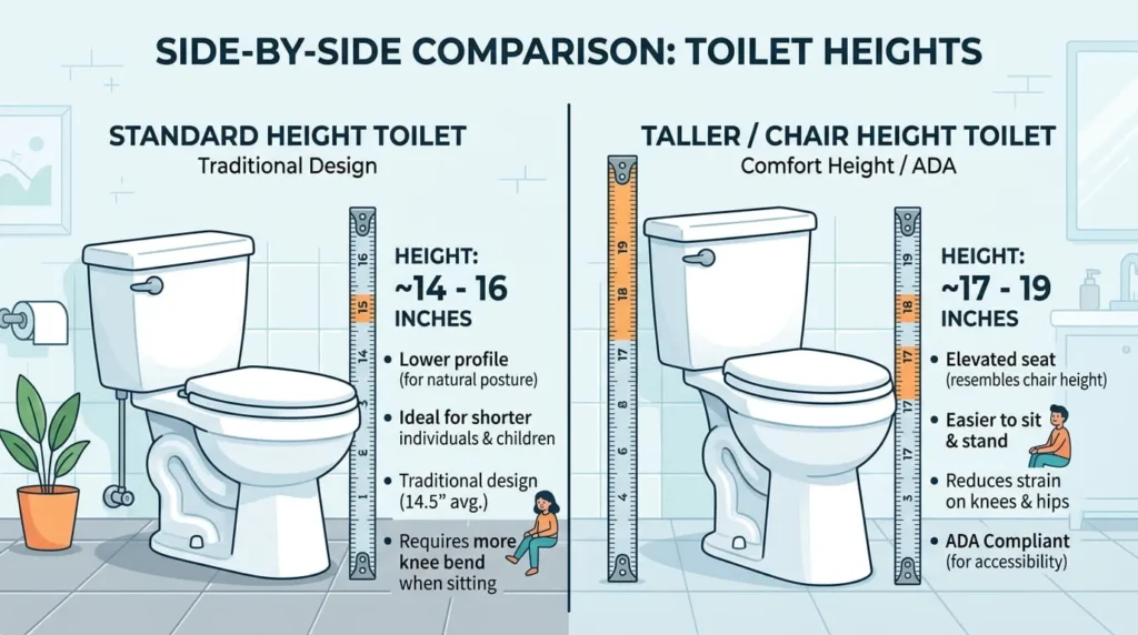 Diagram comparing chair height toilet and standard height toilet measurements