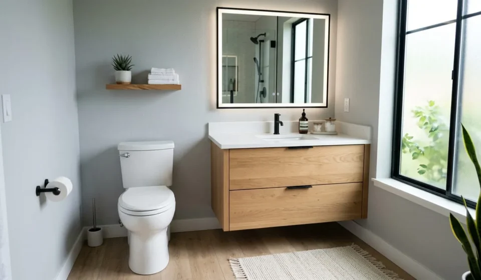 White elongated chair height toilet in a bathroom setting