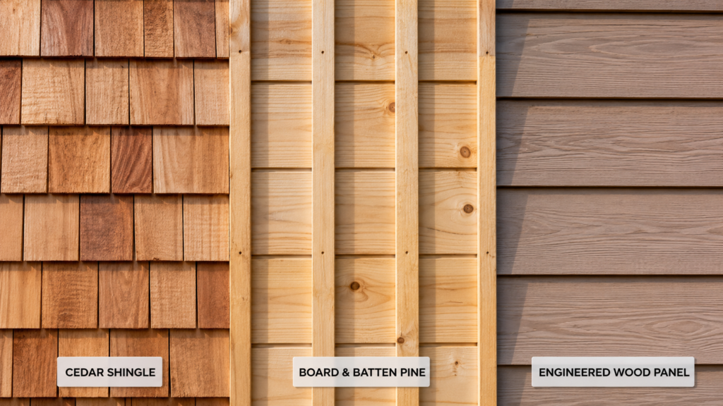 Close-up of different wood siding types including cedar shingle and engineered board