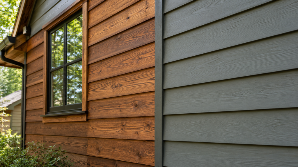 Exterior home wall showing natural wood siding with visible grain beside painted gray siding for a finish comparison.