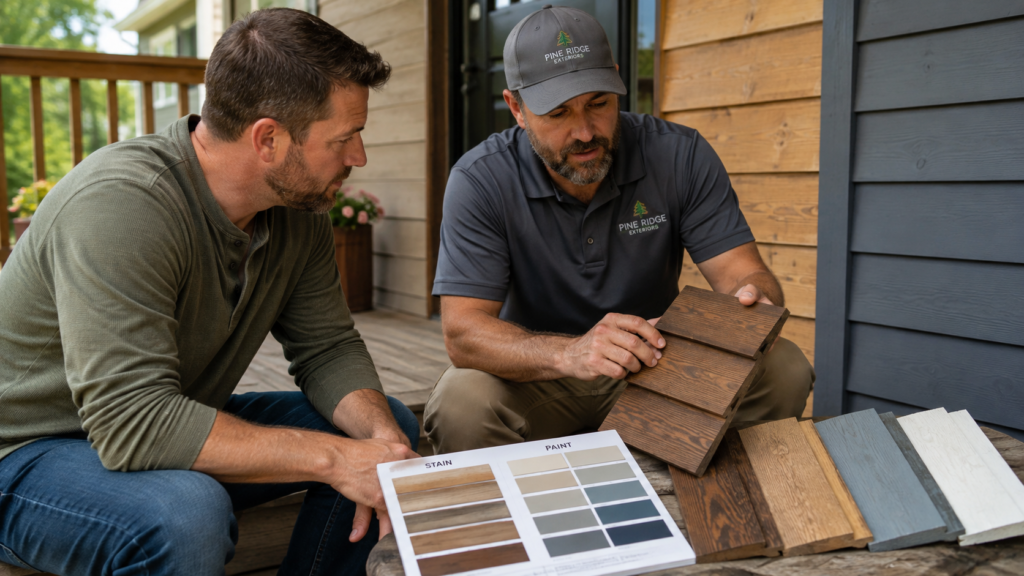 Homeowner selecting wood siding types and stain color samples