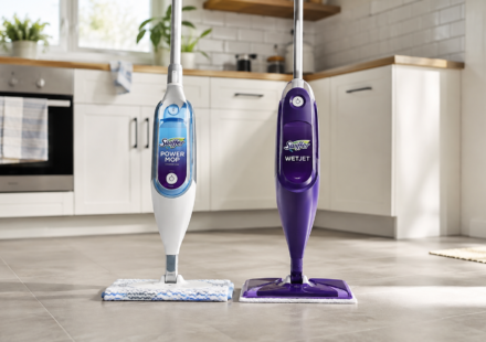 Swiffer PowerMop and Swiffer WetJet mops standing next to each other on a kitchen floor