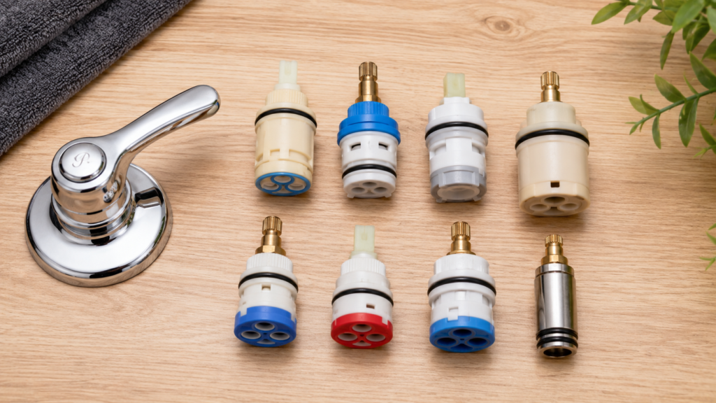 Different faucet cartridge types compared side by side before replacement