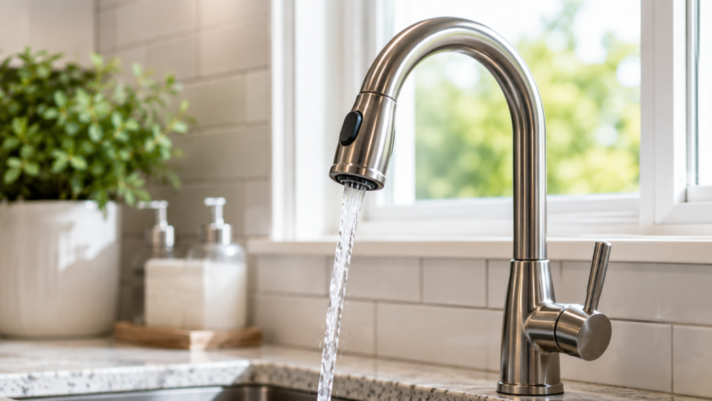 Water flowing smoothly from a faucet after a successful cartridge replacement