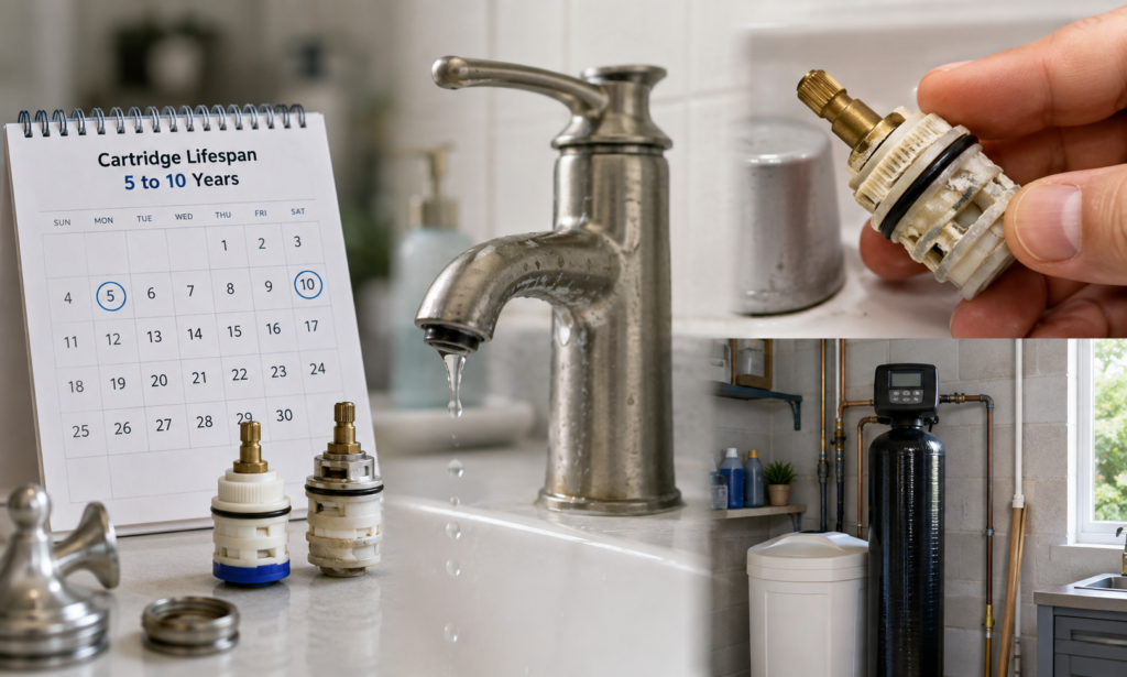 Faucet cartridge lifespan, mineral buildup, leaking faucet, and water softener system