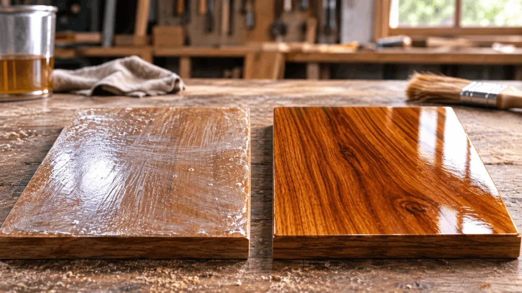 Comparison of a flawed polyurethane finish next to a smooth, correctly applied one