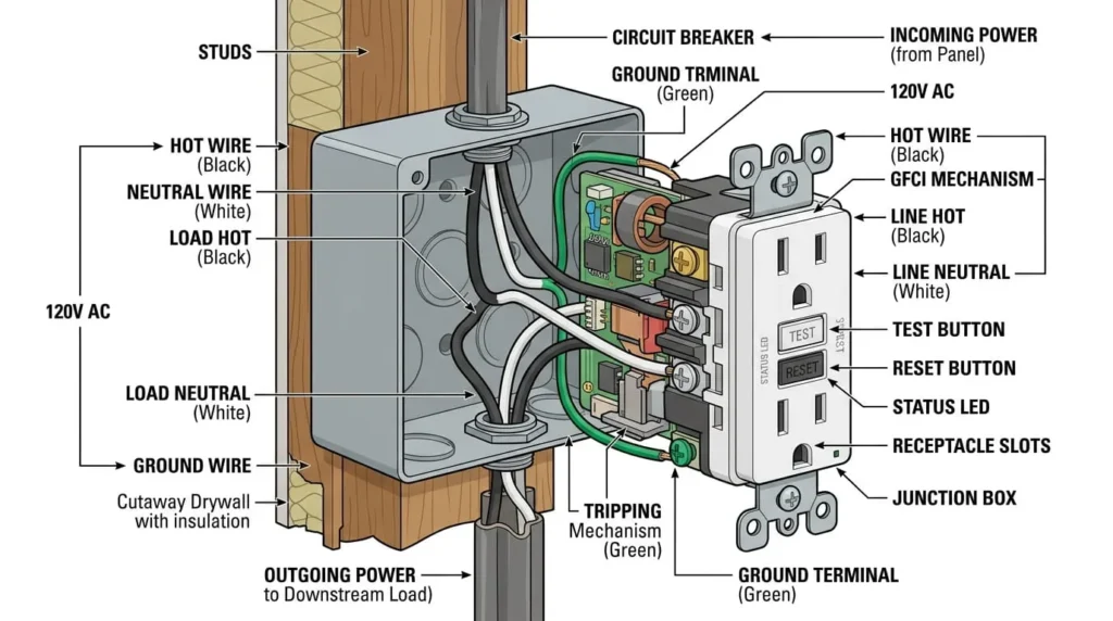 Labeled diagram of line and load terminals inside a GFCI outlet not working