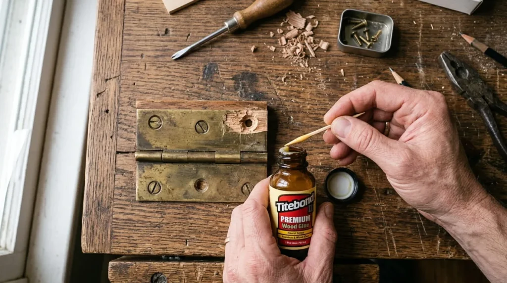 Hands applying wood glue to toothpicks to repair a stripped screw hole in wood