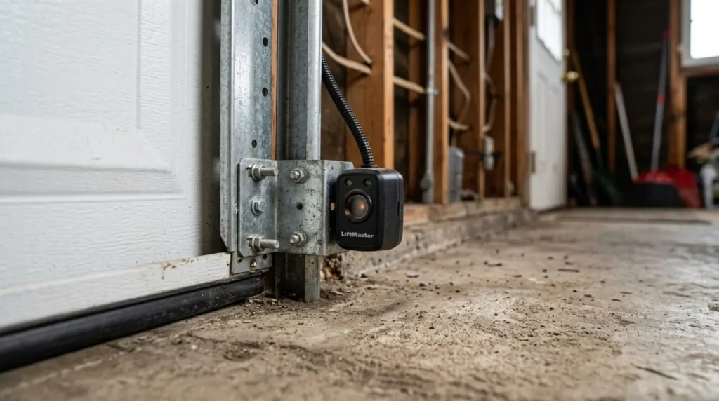 Garage door opener safety sensor being checked during repair