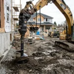 Hydraulic equipment performing helical pier installation next to a home foundation