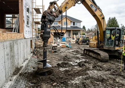 Hydraulic equipment performing helical pier installation next to a home foundation