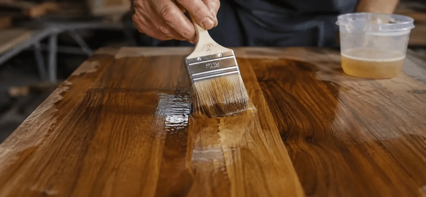 Hands using a bristle brush to apply polyurethane to a wood tabletop