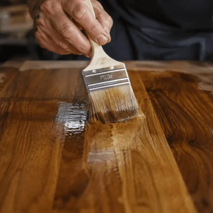 Hands using a bristle brush to apply polyurethane to a wood tabletop