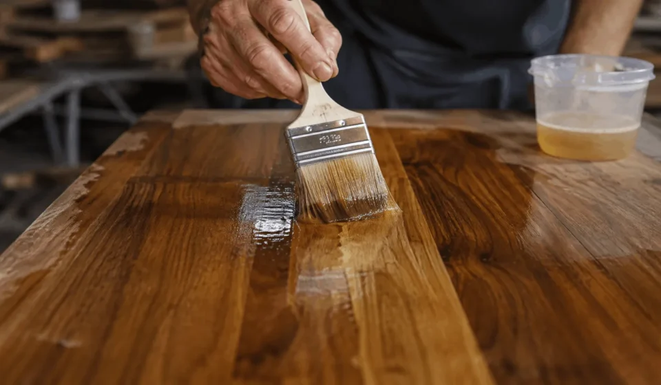 Hands using a bristle brush to apply polyurethane to a wood tabletop
