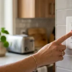 Hand pressing the reset button on a GFCI outlet not working in a kitchen