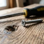 Close-up of a stripped screw hole in wood with a loose screw beside it