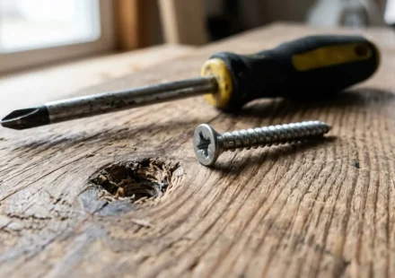 Close-up of a stripped screw hole in wood with a loose screw beside it