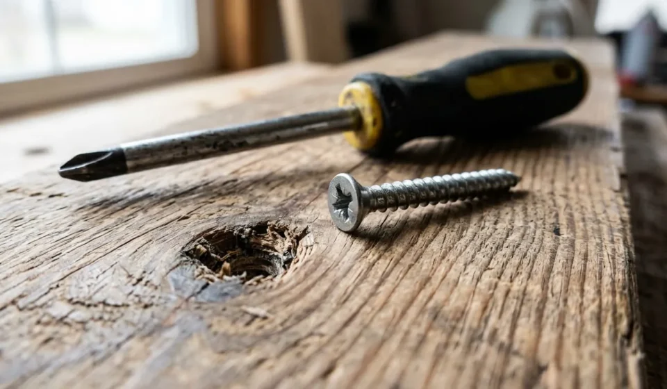 Close-up of a stripped screw hole in wood with a loose screw beside it
