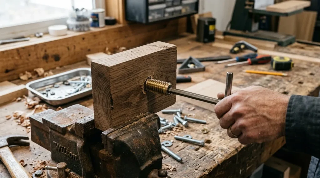 etal threaded insert being installed into a stripped screw hole in wood