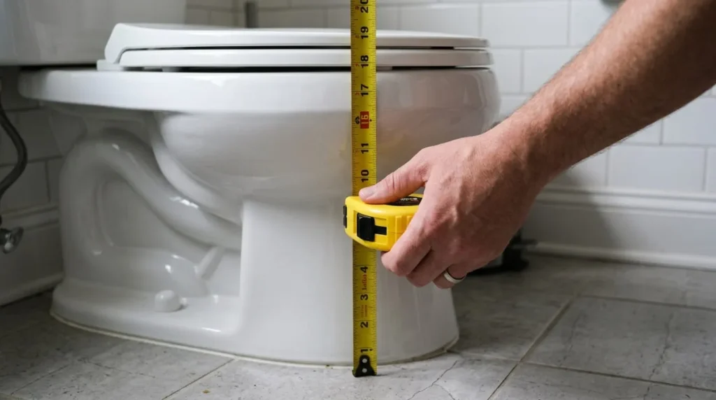 Measuring the seat height of a chair height toilet with a tape measure
