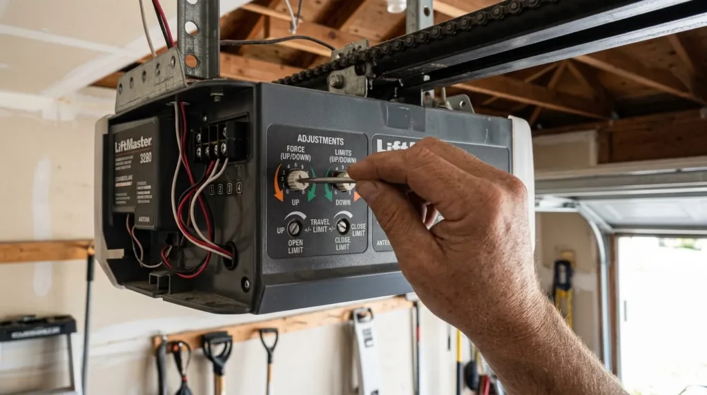Adjusting force and travel limit dials to repair a garage door opener