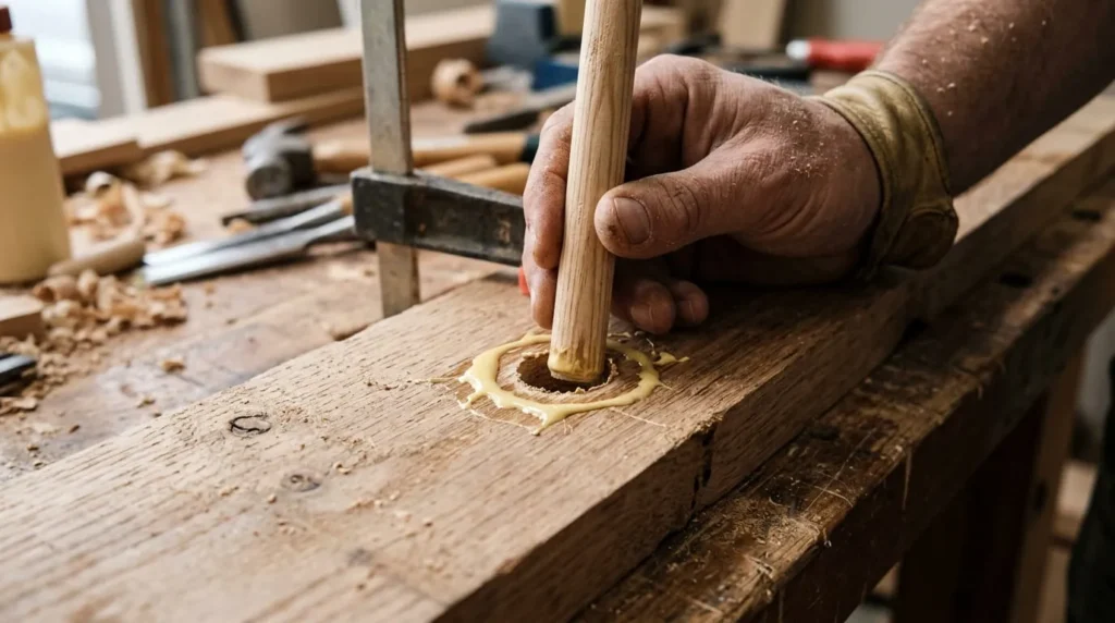Wood dowel glued into a stripped screw hole in wood before drilling a pilot hole