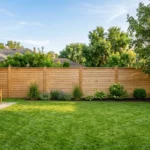 Backyard featuring one of several simple wood fence designs with horizontal boards along the property line