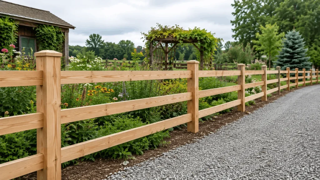 Three-rail post fence, one of several simple wood fence designs used along a garden path