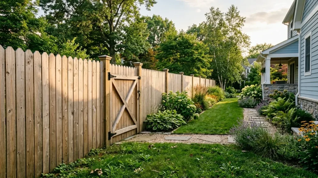 Vertical stockade fence and gate, an example of simple wood fence designs for a suburban side yard