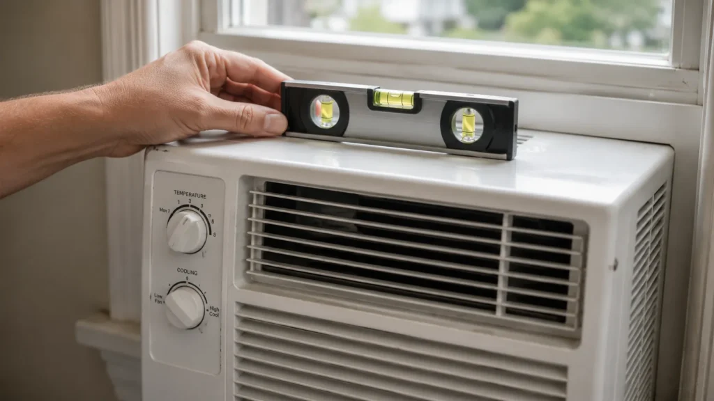 Using a level to check window AC unit tilt and fix a water leak