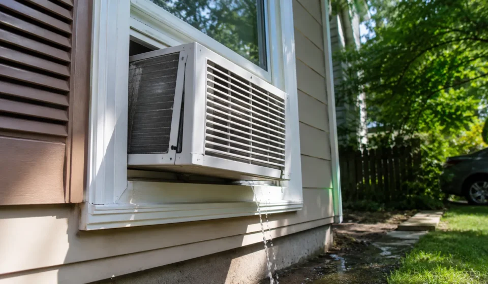 Window AC unit leaking water outside from the back panel during normal operation