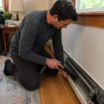 Homeowner vacuuming dust from baseboard heater fins