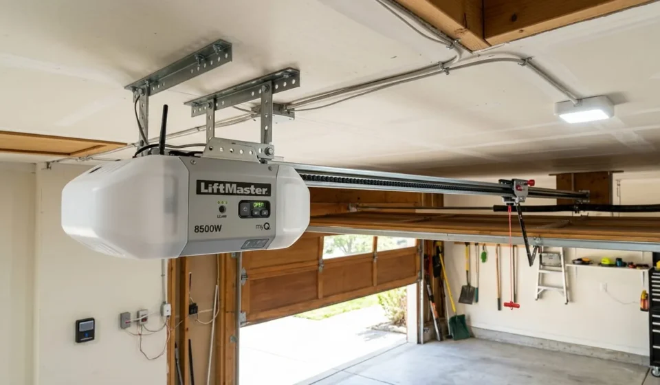 Garage door opener motor mounted on the ceiling before a repair