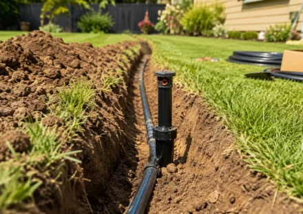 Open trench with pipe during irrigation installation in a residential yard