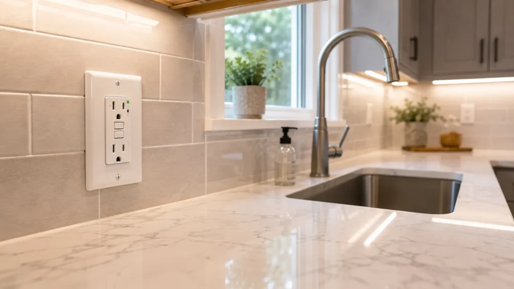 Wide well-lit modern kitchen with GFCI outlet near sink
