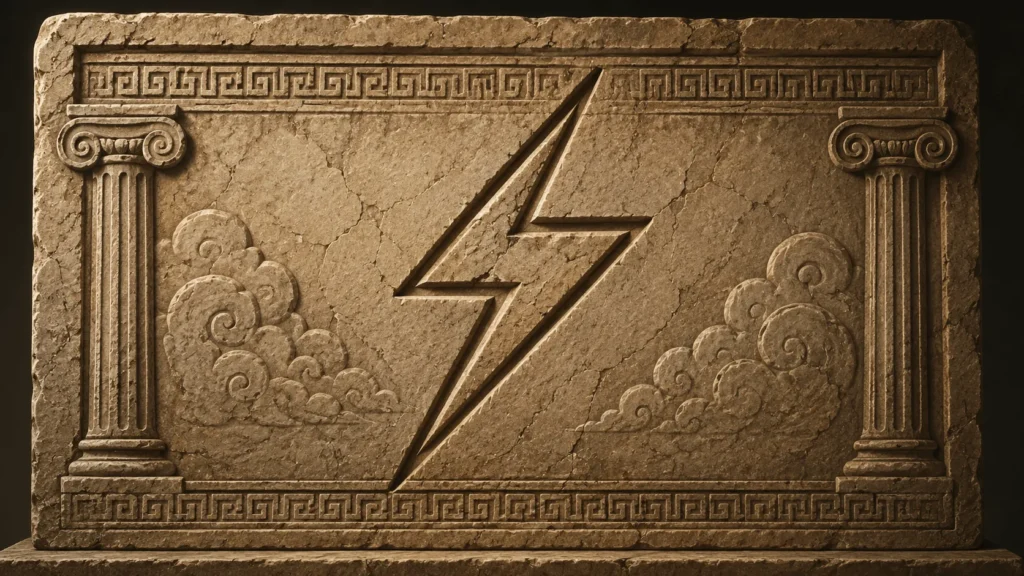 Stone carving of a lightning bolt symbol in classical style