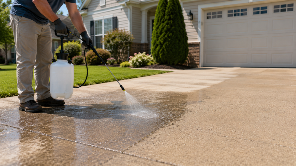 person applying 30 seconds outdoor cleaner to a driveway with a pump sprayer