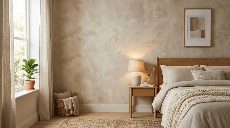 Bedroom wall showing limewash applied over modern drywall texture