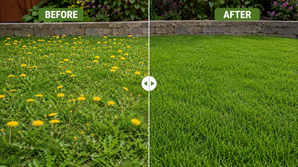 Lawn before and after weed puller tool removes dandelions